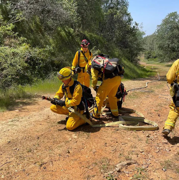 Firefighters in yellow gear are preparing equipment in a forested area with green foliage and a dirt path.
