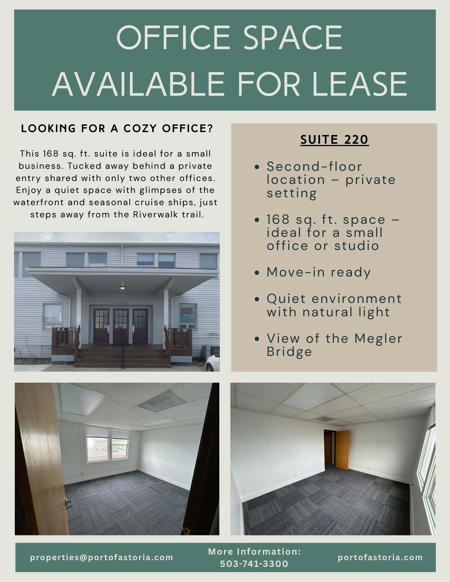 Office space for lease: Suite 220, 168 sq. ft., private, move-in ready, natural light, Megler Bridge view. Contact: properties@portofastoria.com
