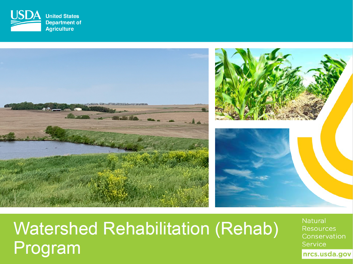 USDA Watershed Rehabilitation Program promo with farm, crops, and sky images.