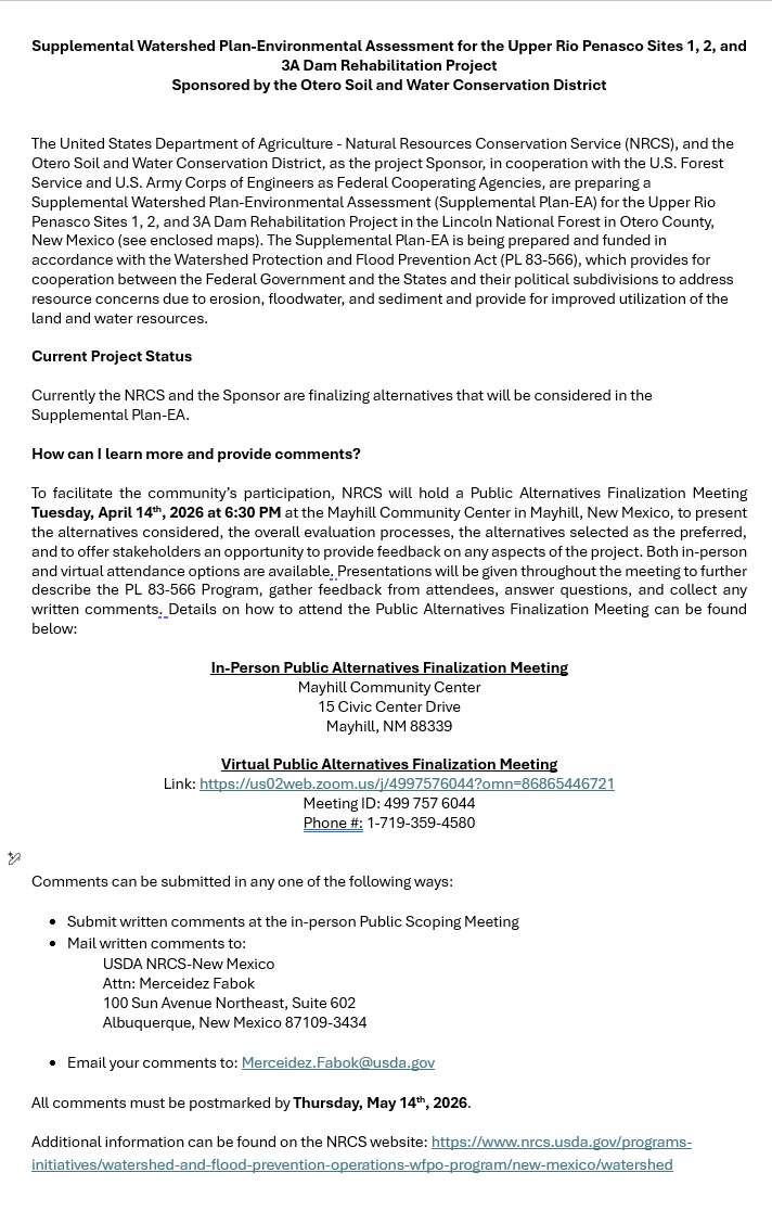 The document outlines an environmental assessment for dam rehabilitation in New Mexico, inviting community feedback at a public meeting.