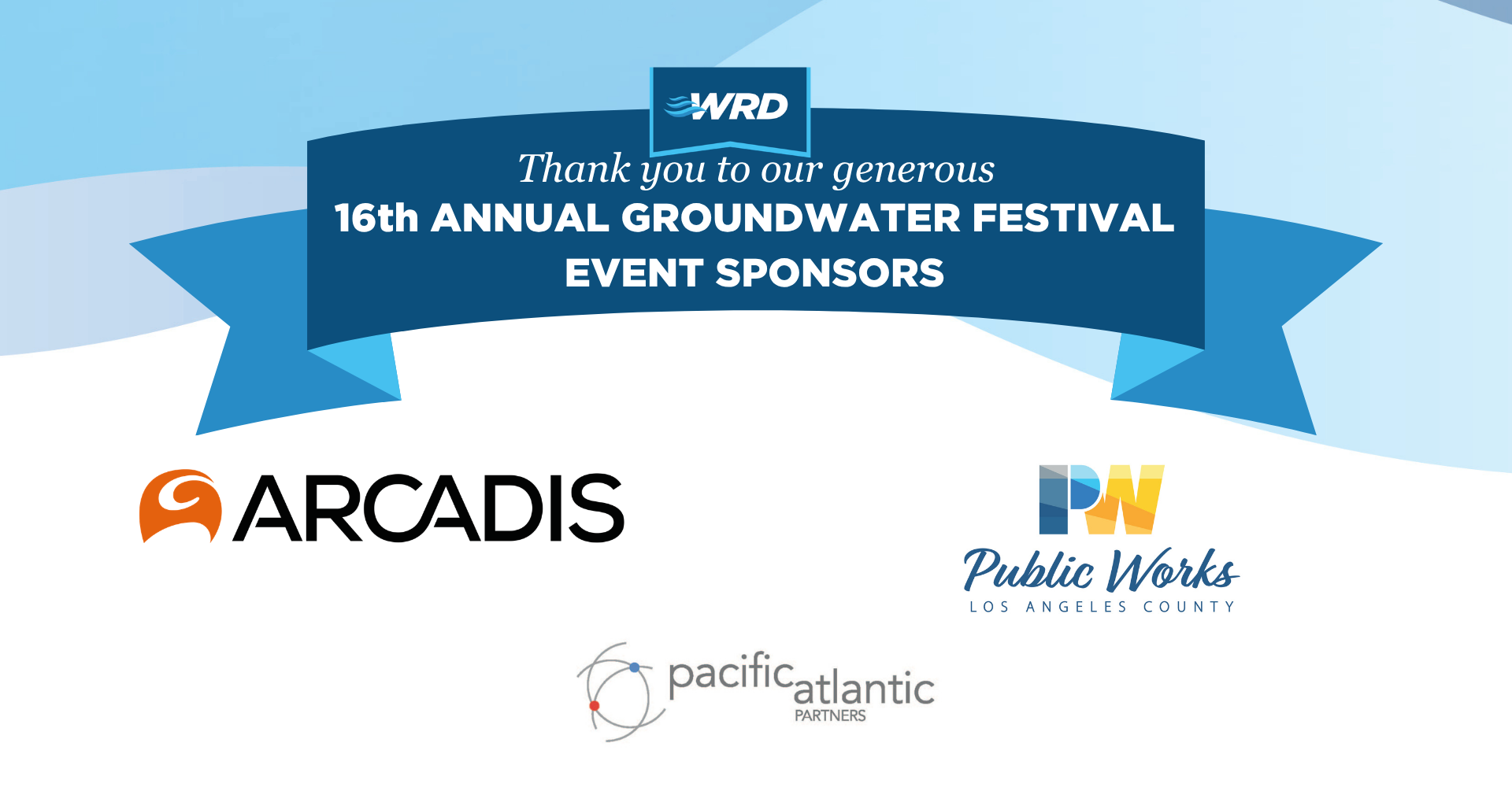 The image thanks sponsors for the 16th Annual Groundwater Festival, featuring logos from Arcadis, Pacific Atlantic, and Public Works.