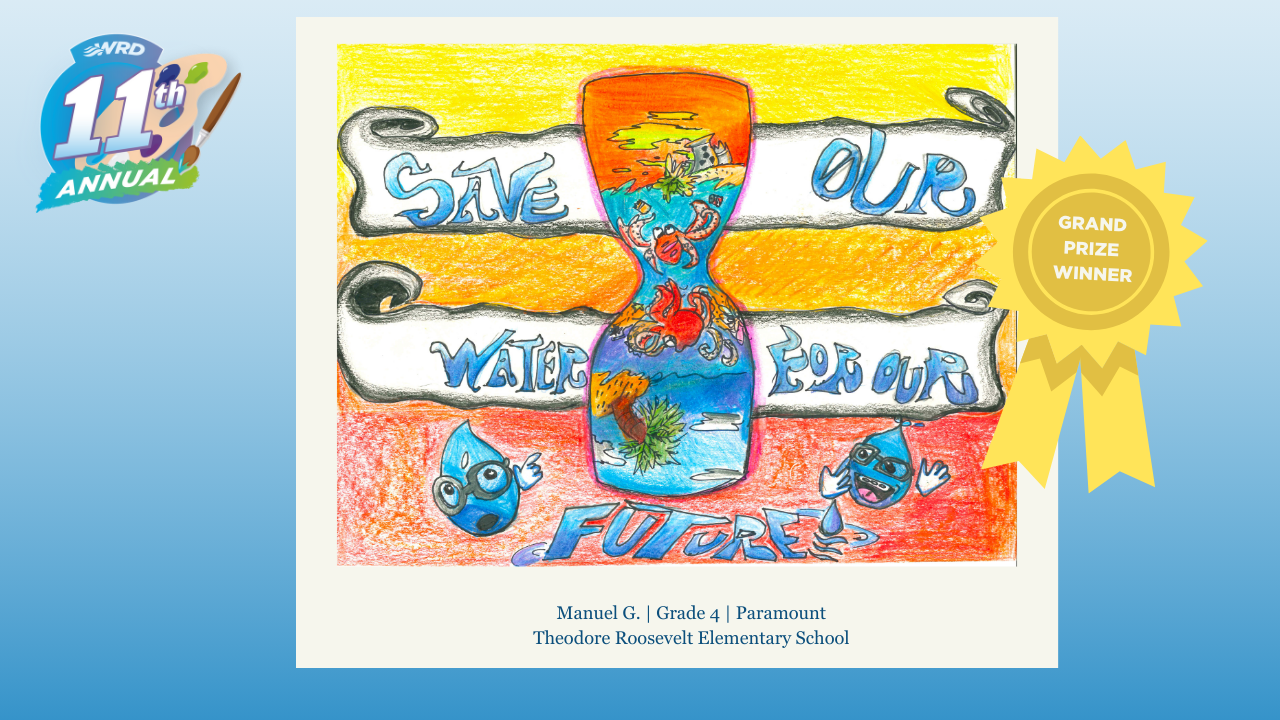 A colorful poster promoting water conservation, featuring a message about saving water for our future, created by a student.