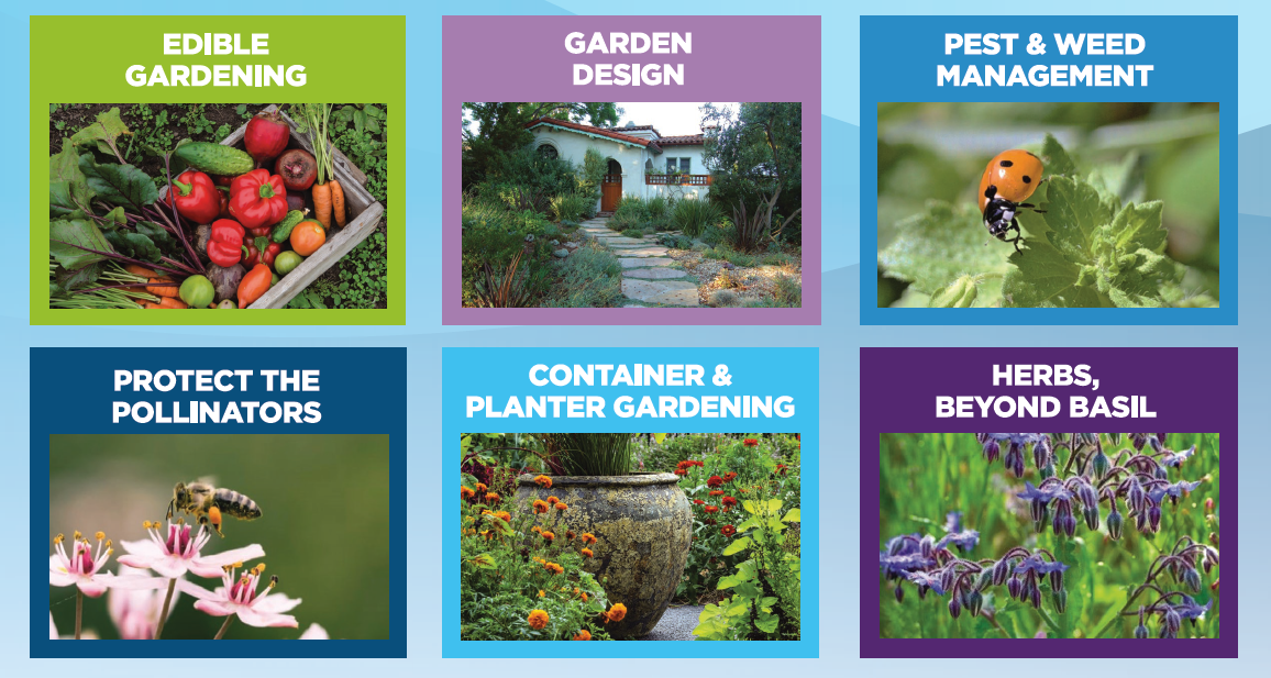 Gardening themes: Edible Gardening, Garden Design, Pest Management, Pollinators, Container Gardening, and Herbs.
