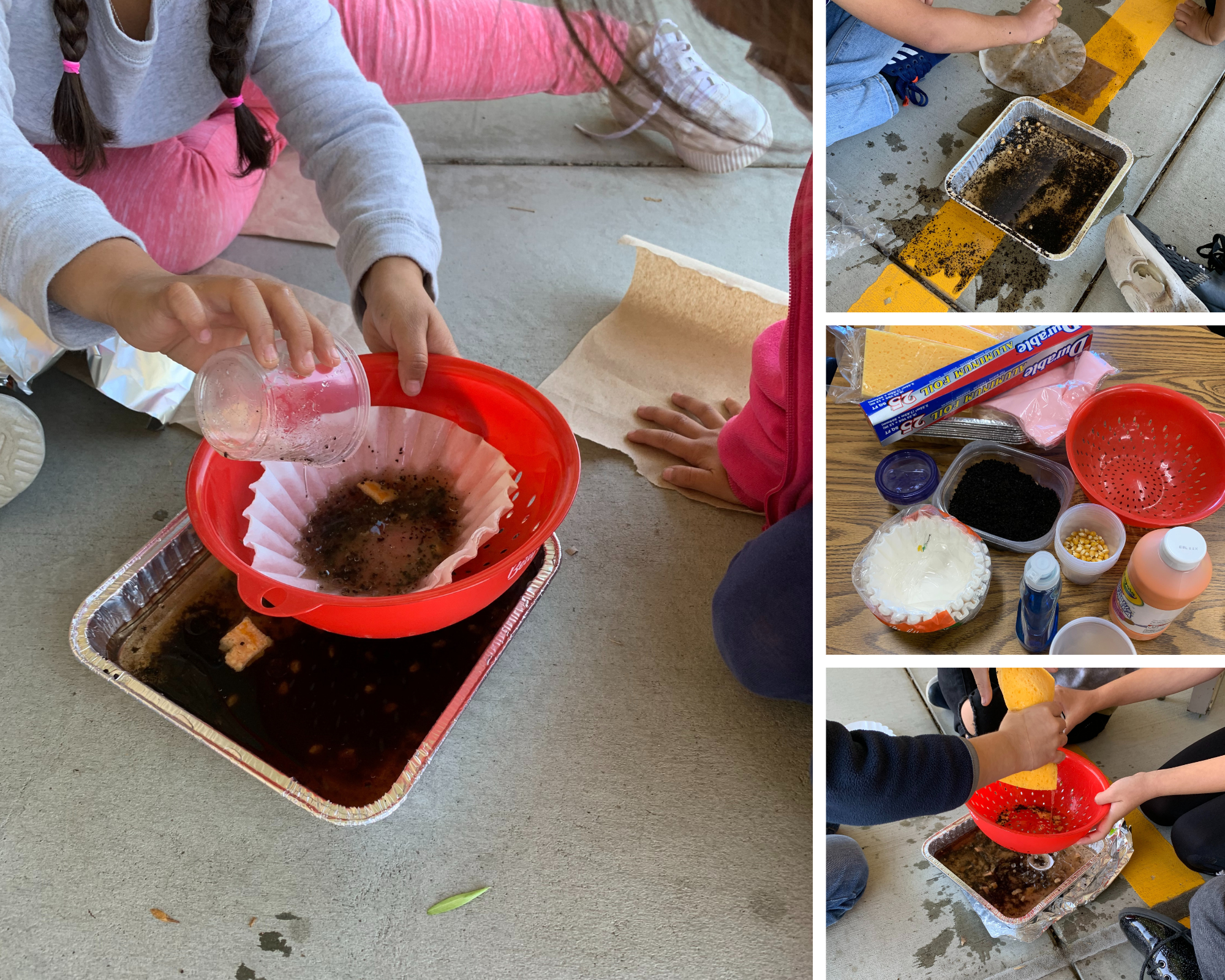 Children engaged in a hands-on educational activity, possibly soil science or gardening, involving soil, seeds, and filters.
