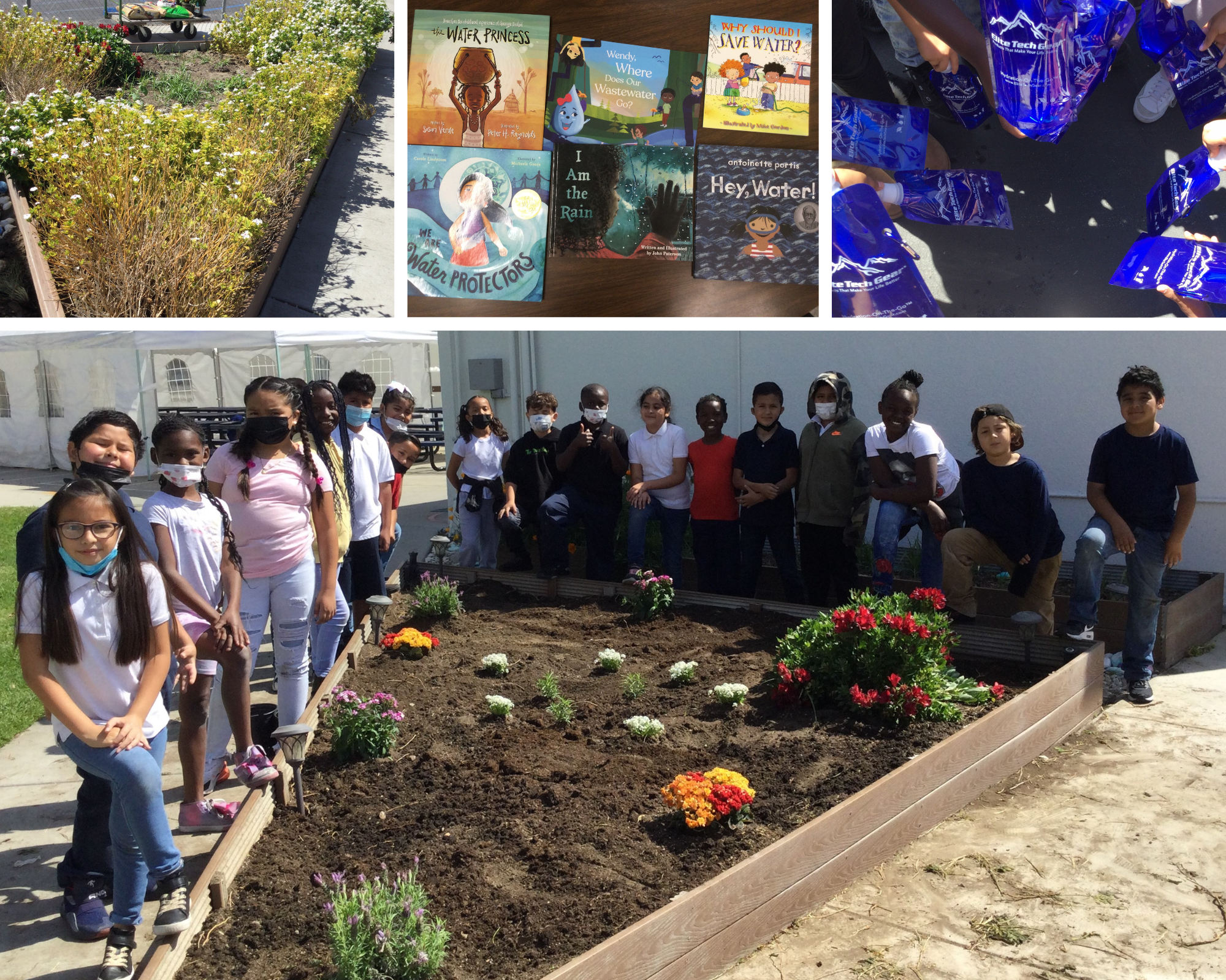 Students are engaging in gardening and water conservation activities, featuring books about water and a hands-on project.