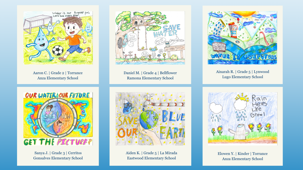 The image features colorful student artwork promoting water conservation, showcasing creativity from various grades and schools.