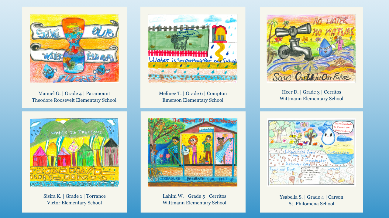 The image features student artwork promoting water conservation, emphasizing its importance for the future.