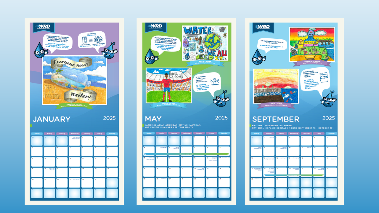 Calendar pages for January, May, and September 2025 with water conservation artwork and tips.