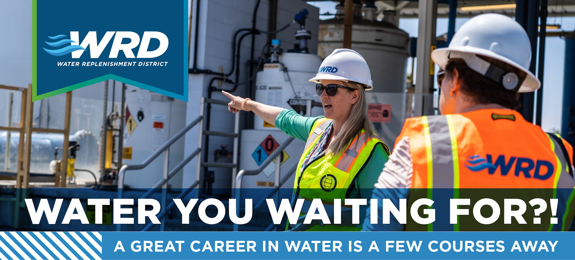 An advertisement promoting careers in water with two people in safety gear at a water facility.