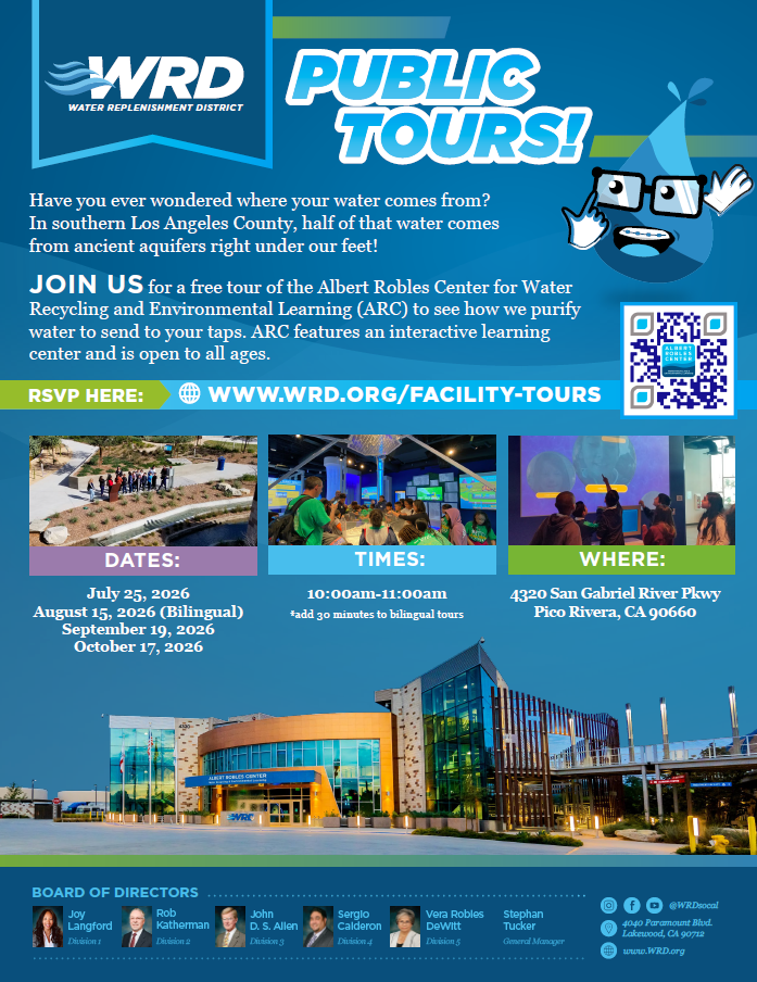 Public tours at the Albert Robles Center for Water Recycling, Pico Rivera. Dates: July 25, Aug 15, Sep 19, Oct 17, 2026.