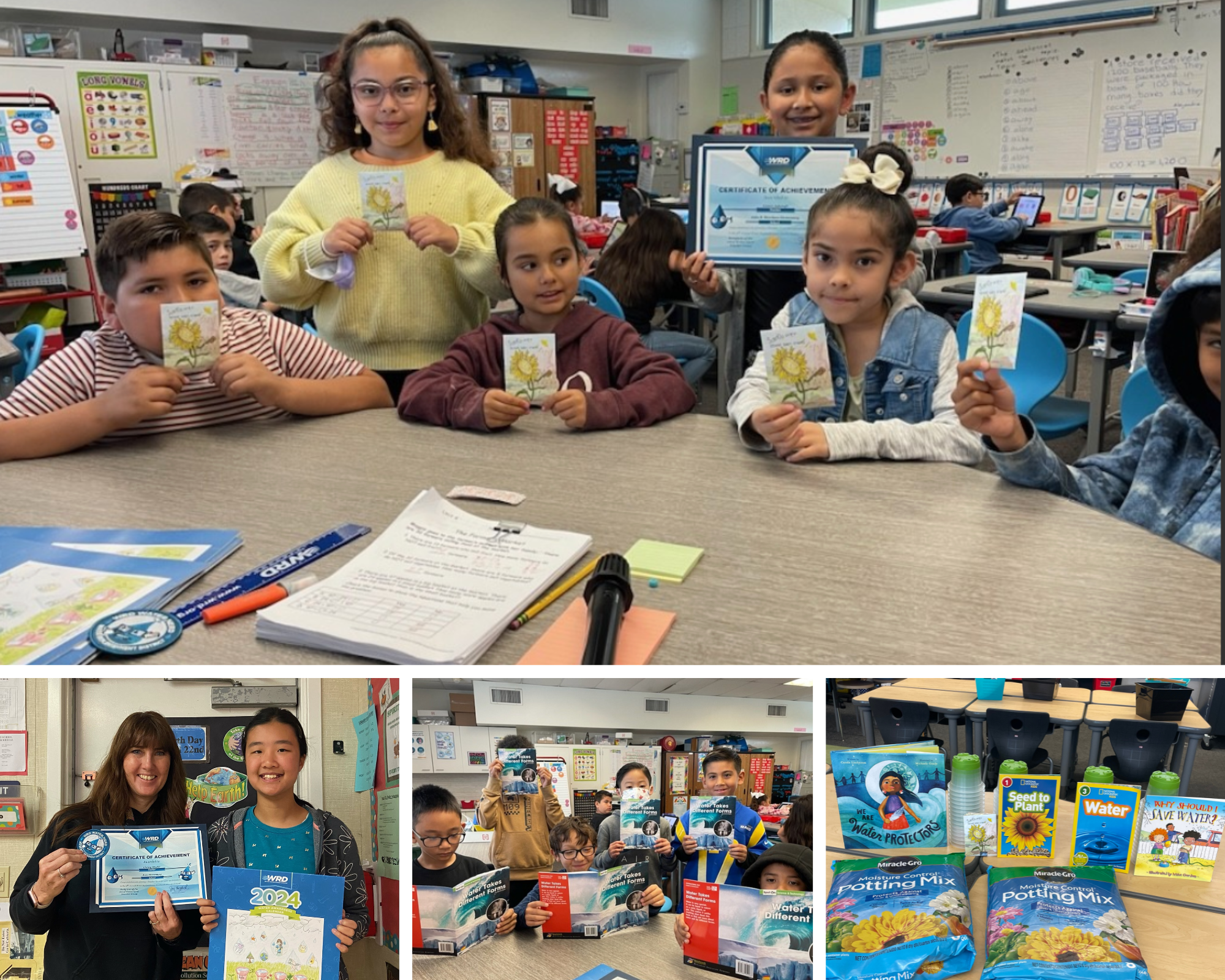 Students showing certificates and educational materials related to a classroom project or activity.