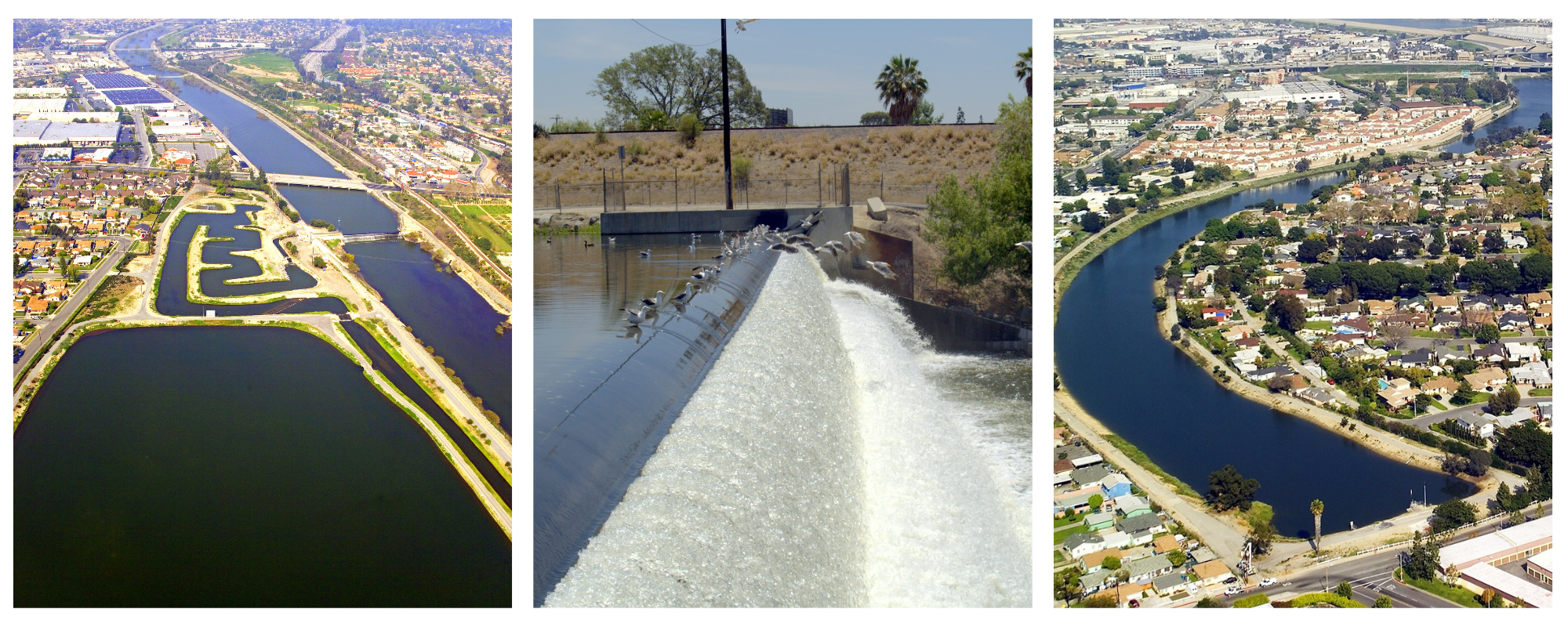 Aerial views of a winding river or canal with surrounding urban areas and a dam with birds in flight.