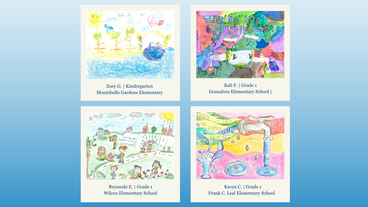 Four colorful children's drawings focused on water conservation, each labeled with the artist's name, grade, and school.