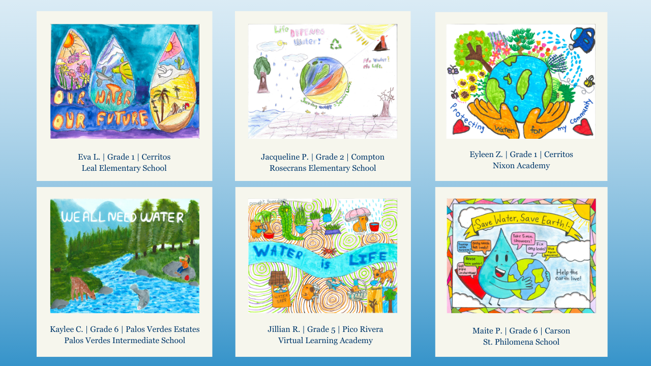 The image features colorful children's artwork highlighting the importance of water conservation and environmental protection.