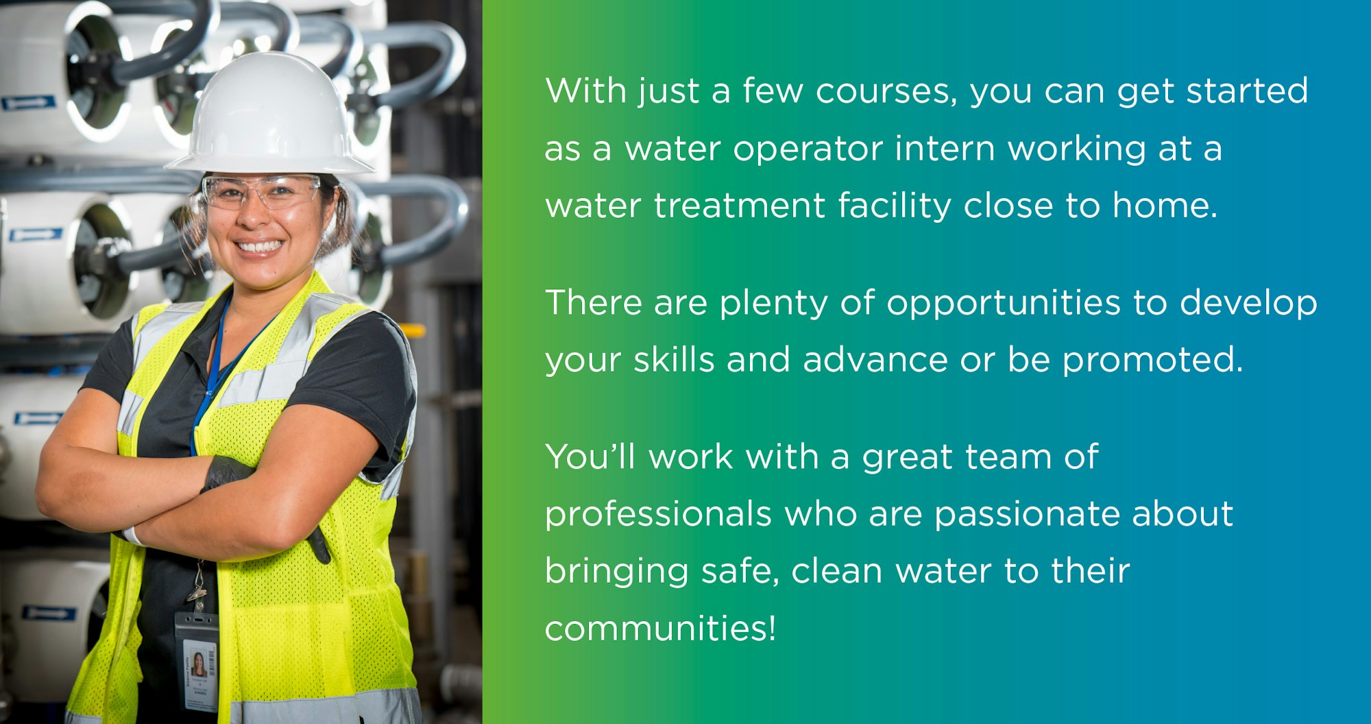 A smiling person in safety gear with text promoting a water operator internship.