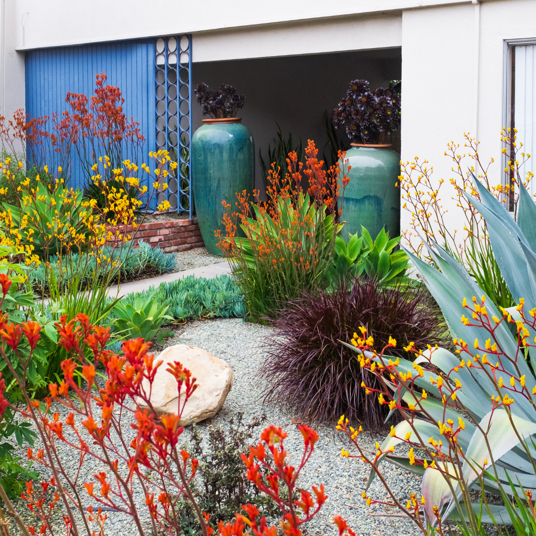 A vibrant garden with large green pots, diverse plants, and a blue garage door.