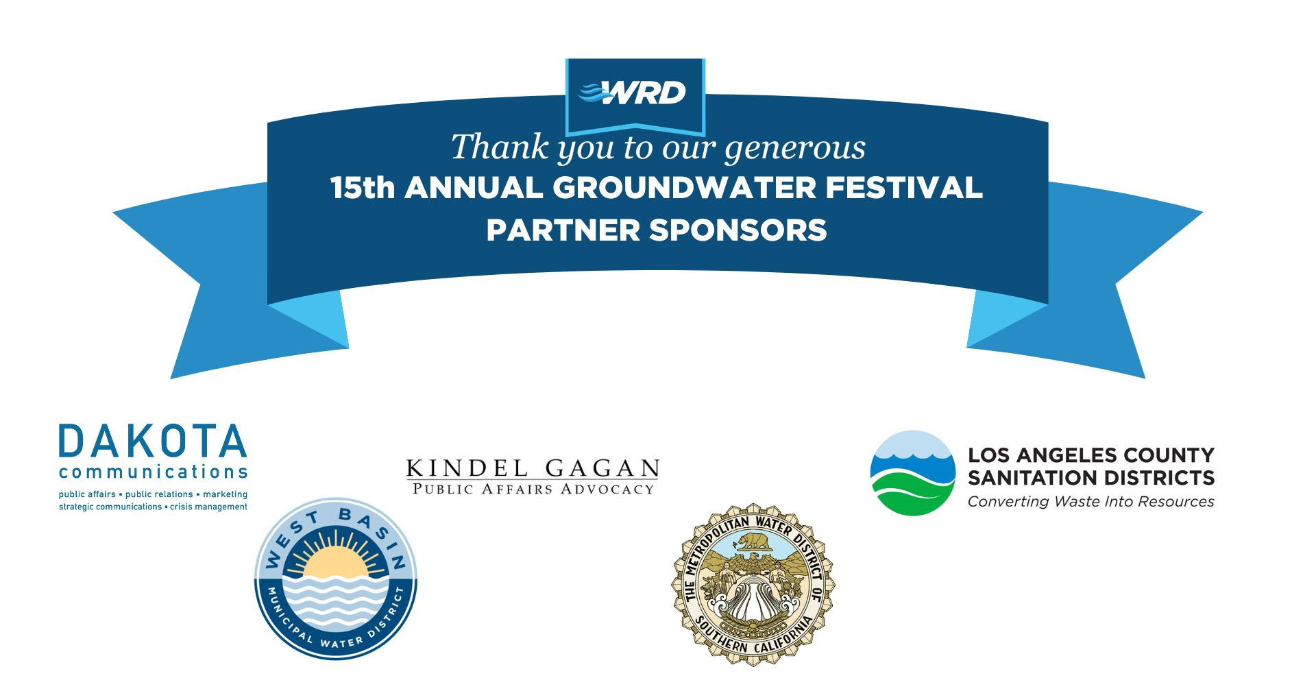 Thank you banner for 15th Annual Groundwater Festival sponsors, featuring logos of Dakota Communications, Kindel Gagan, and more.