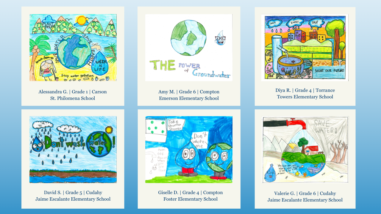 The image showcases colorful student artwork about water conservation and the importance of protecting water resources.