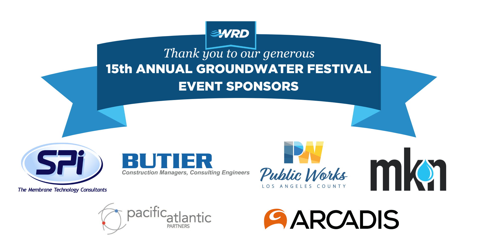 Banner for the 15th Annual Groundwater Festival sponsors, including SPI, Butier, Public Works, MKN, Pacific Atlantic Partners, Arcadis.