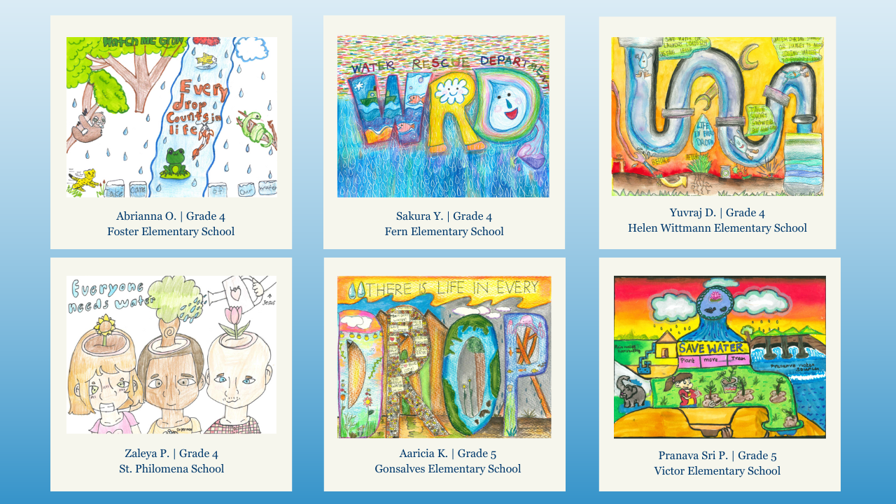 Six colorful drawings by elementary students emphasizing the importance of water conservation and its role in life.