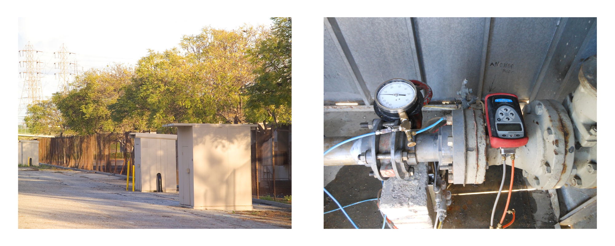 Industrial setting with electrical equipment outside; pressure gauge and device connected to a pipe inside.