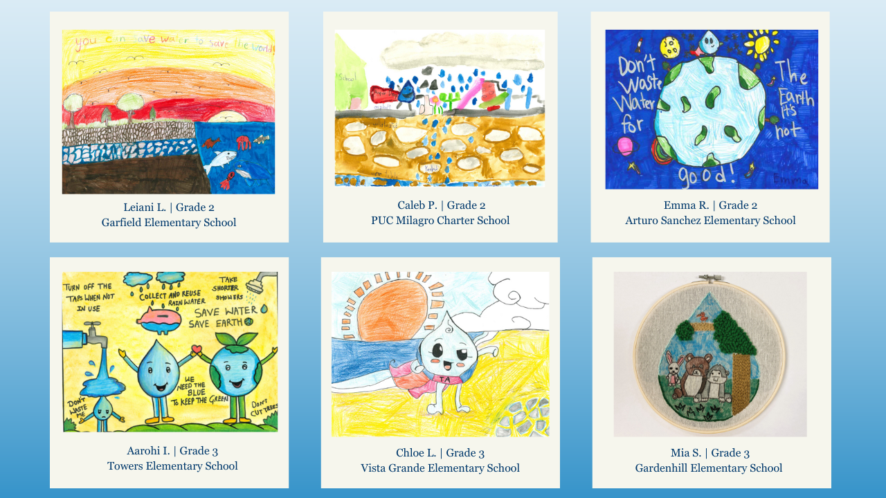 Six children's drawings promoting water conservation, each from different elementary schools and grades.