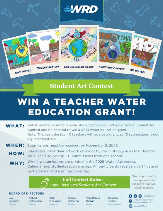 Student art contest for a water education grant. Submit by 11/2/25. Winning art in 2026 calendar. Info: www.wrd.org/Student-Art-Contest
