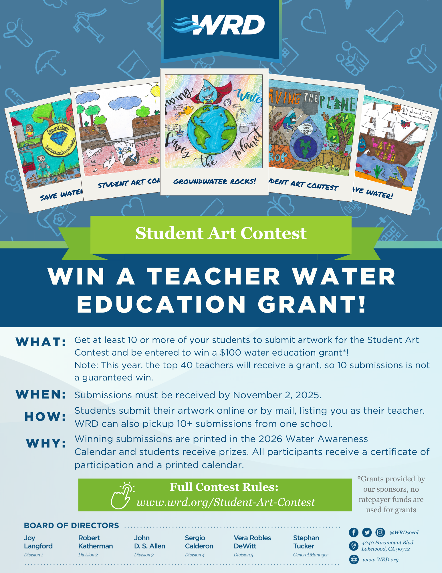 Student art contest for a water education grant. Submit by 11/2/25. Winning art in 2026 calendar. Info: www.wrd.org/Student-Art-Contest