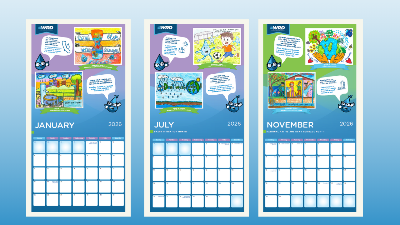 The image features a 2026 calendar with illustrations promoting water conservation and education for each month.