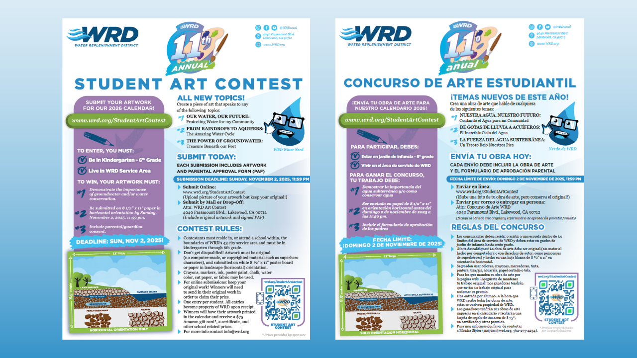 Student art contest flyer for 2026 calendar by WRD. English and Spanish details on entry, themes, and submission. Deadline: Nov 2, 2025.
