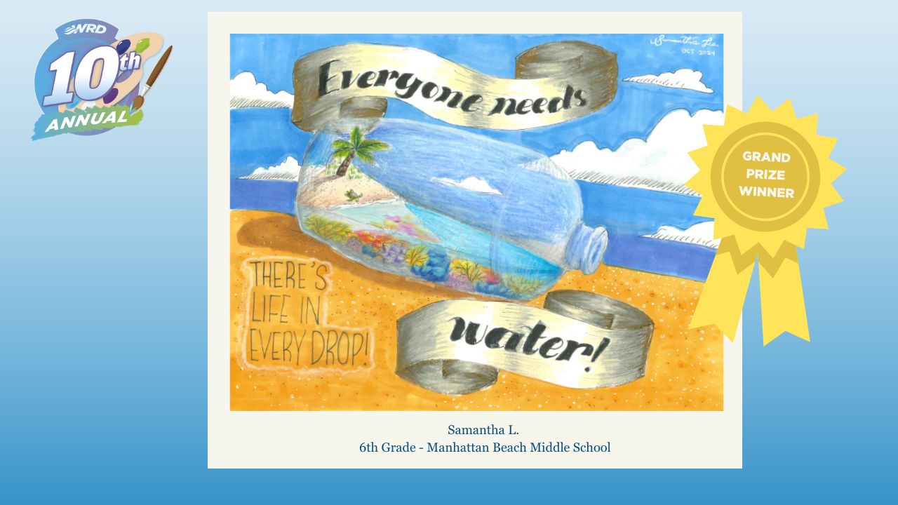A bottle with an island inside, ribbon reads "Everyone needs water!" Beach background, "There's life in every drop!" Grand prize ribbon.
