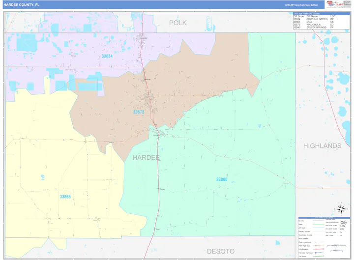 Map of Hardee County, FL showing ZIP codes: 33834, 33865, 33873, 33890, with the city locations and boundaries.