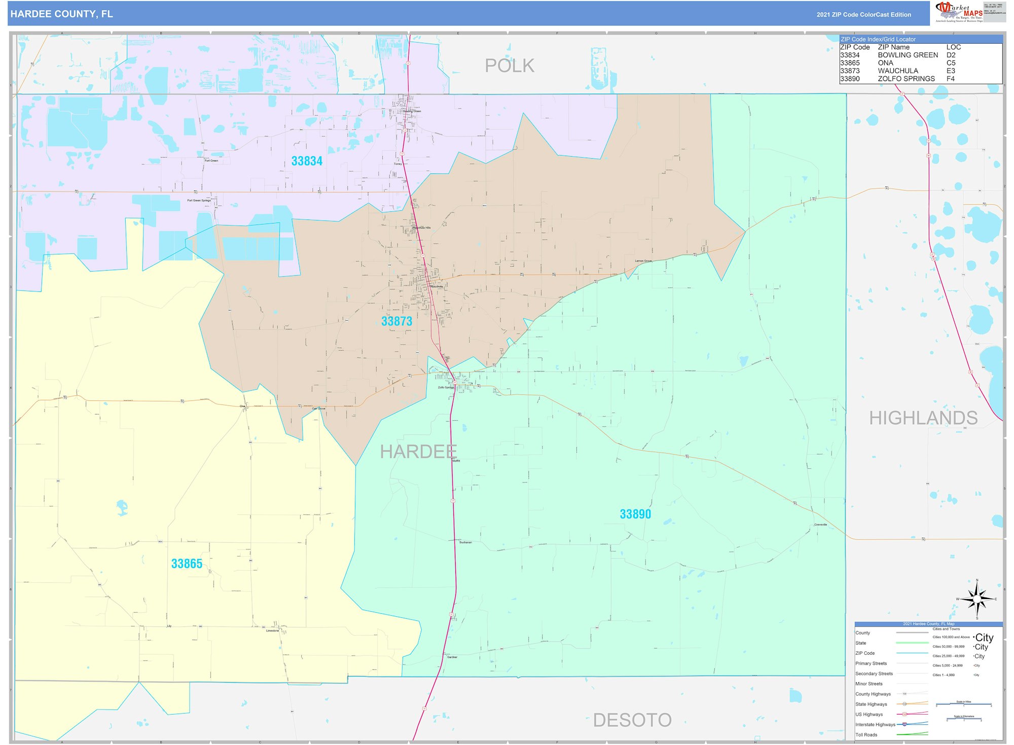 Map of Hardee County, FL showing ZIP codes: 33834, 33865, 33873, 33890, with the city locations and boundaries.