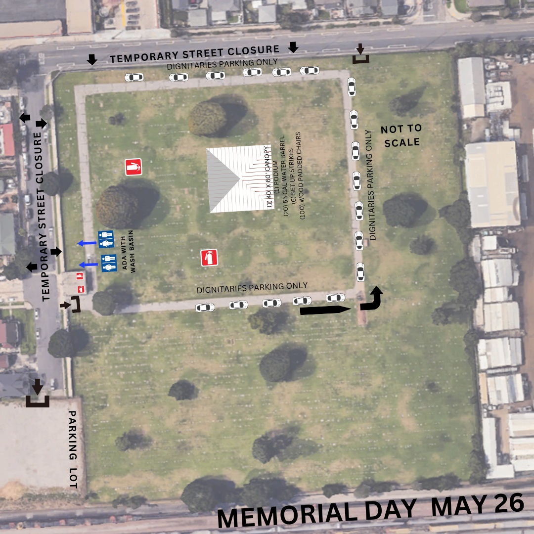 A map with temporary street closures, dignitary parking, ADA wash areas, and a canopy setup for Memorial Day on May 26.