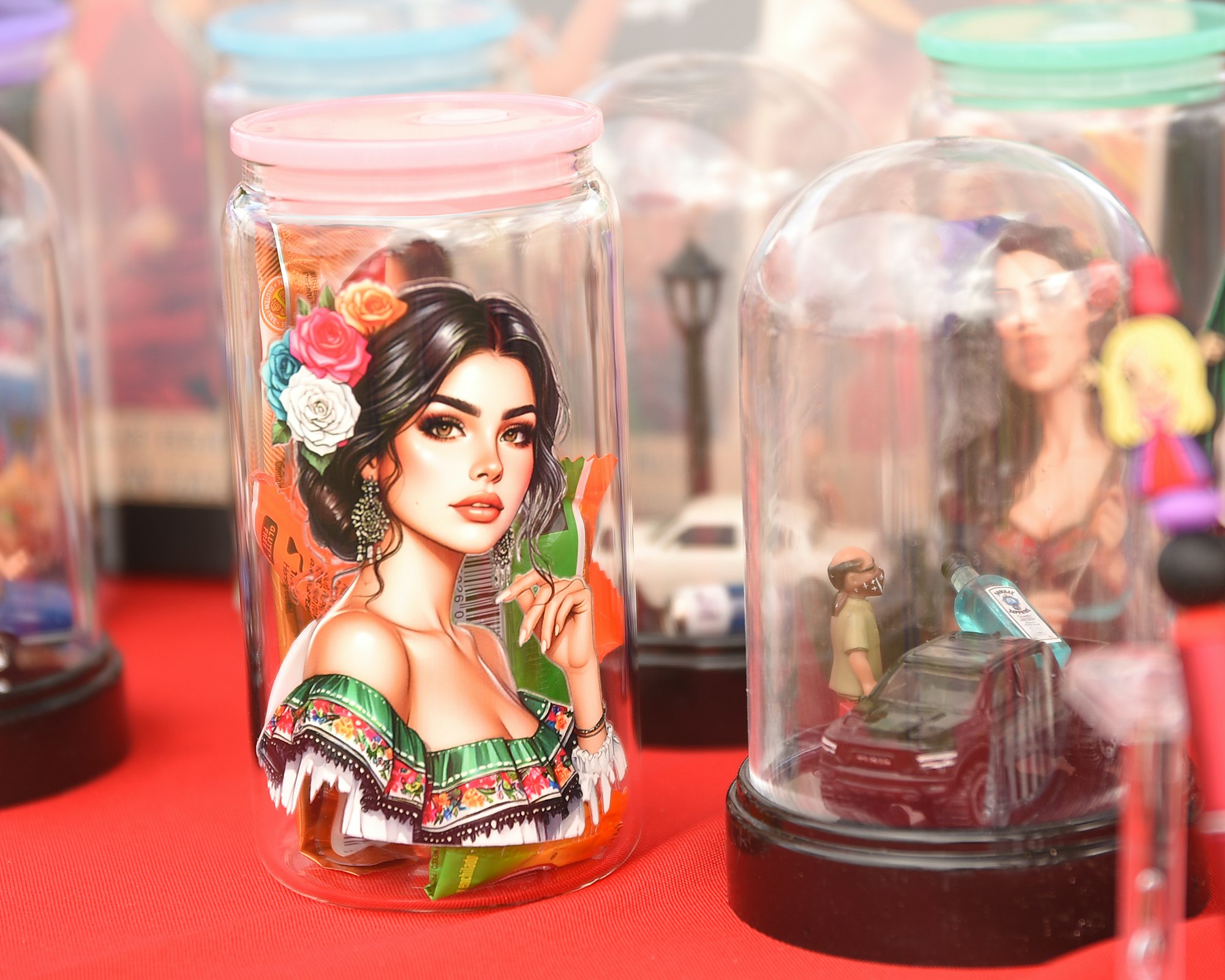 Illustrated jar with a woman's portrait, surrounded by various other decorative jars and figurines.