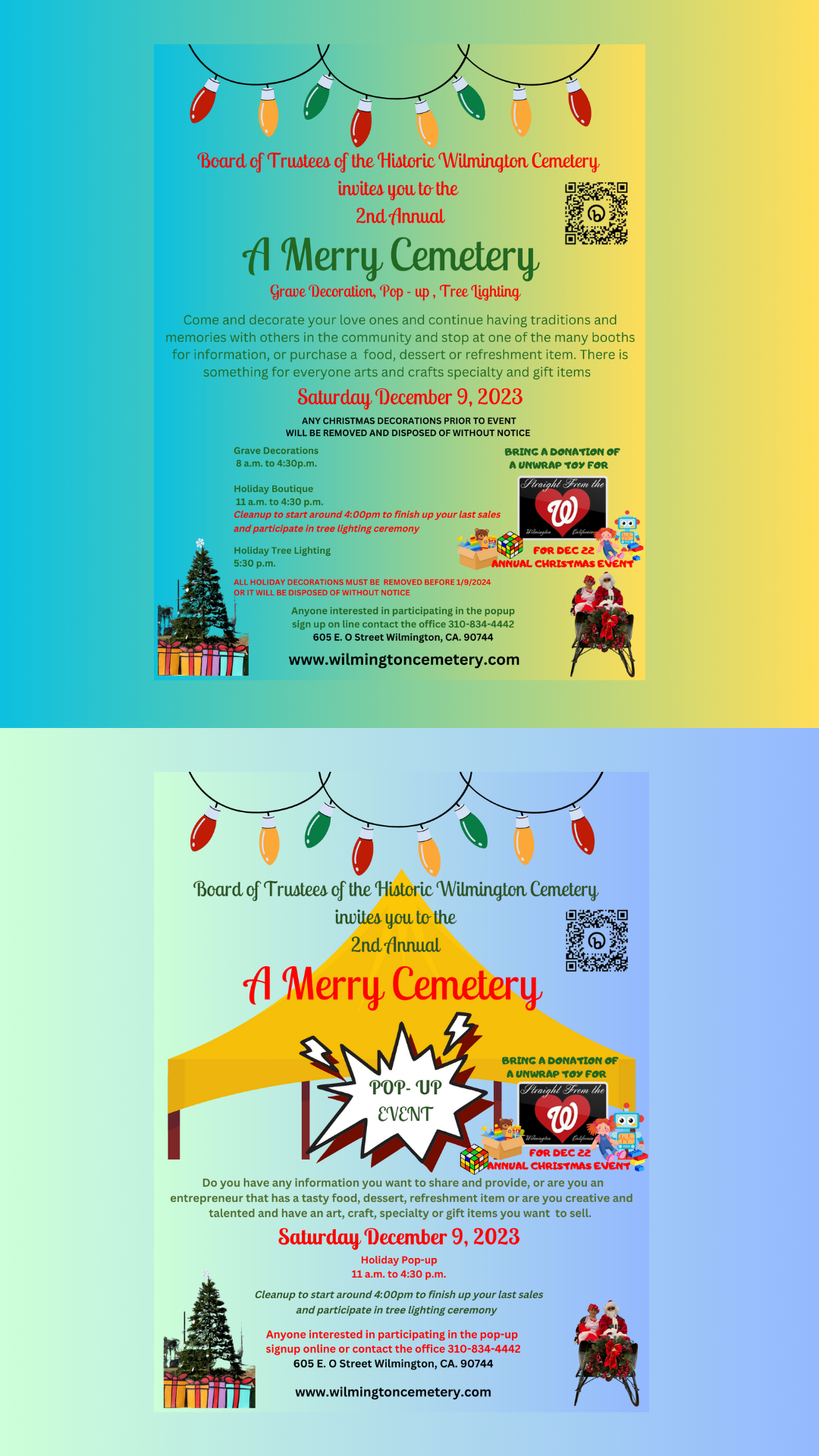 Event flyer for the 2nd Annual "A Merry Cemetery" on December 9, 2023, featuring grave decoration, a holiday boutique, and tree lighting.