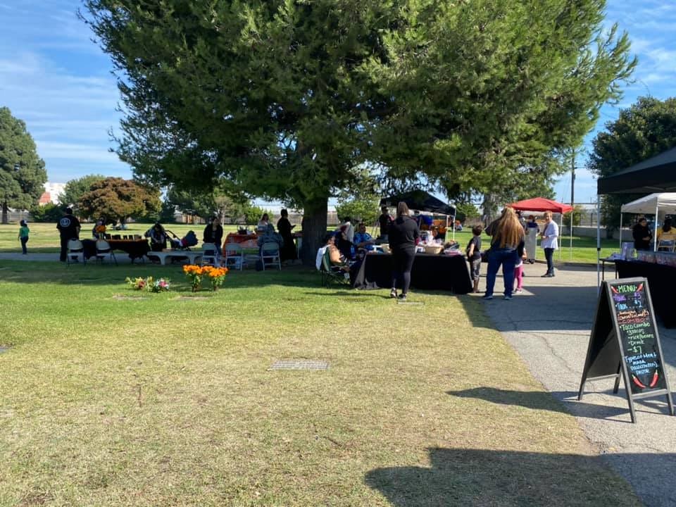 A community gathering in a park with tables, vendors, and people enjoying the day under a large tree.