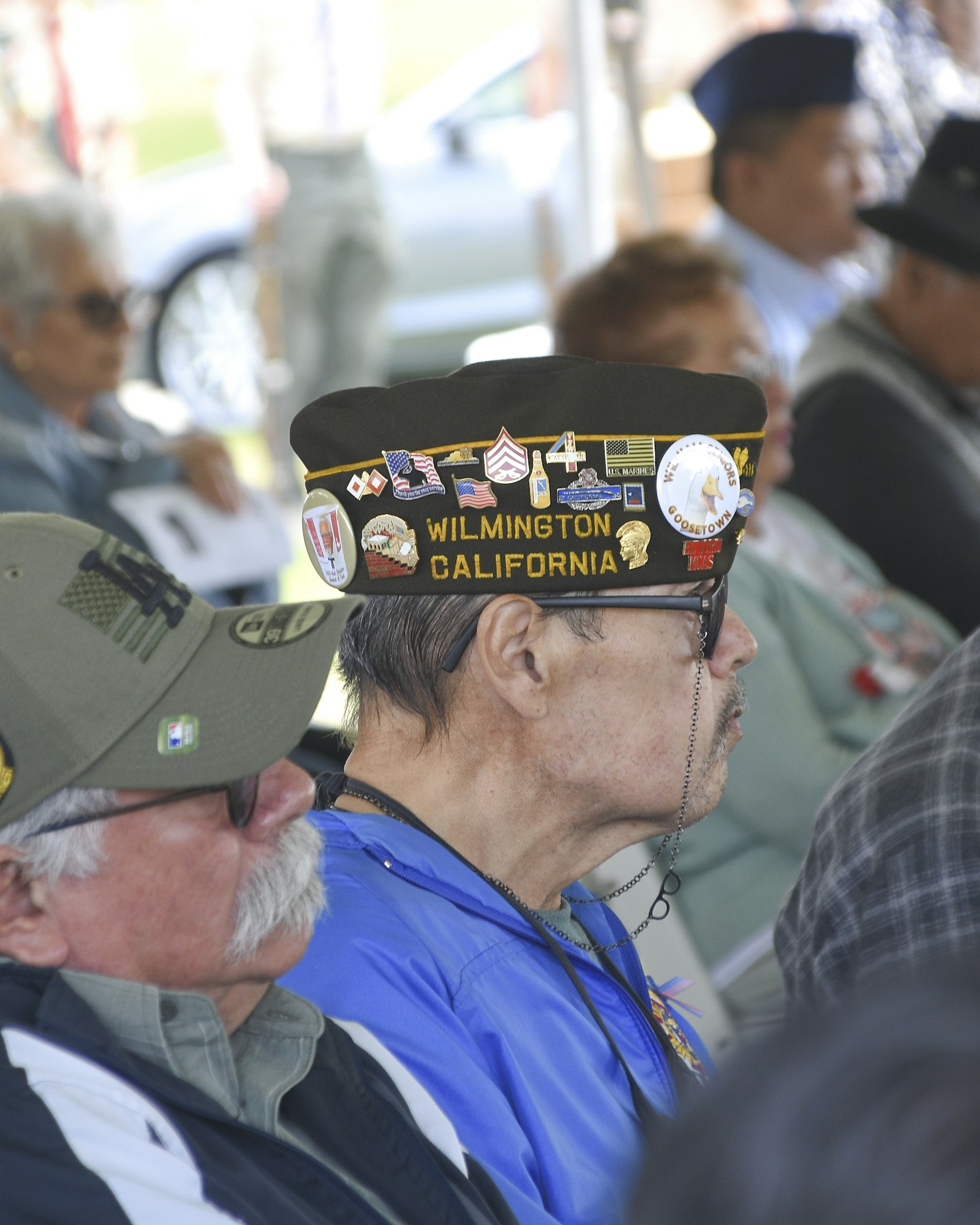 Profile view of a person wearing a cap with military pins and badges, indicating veteran status.
