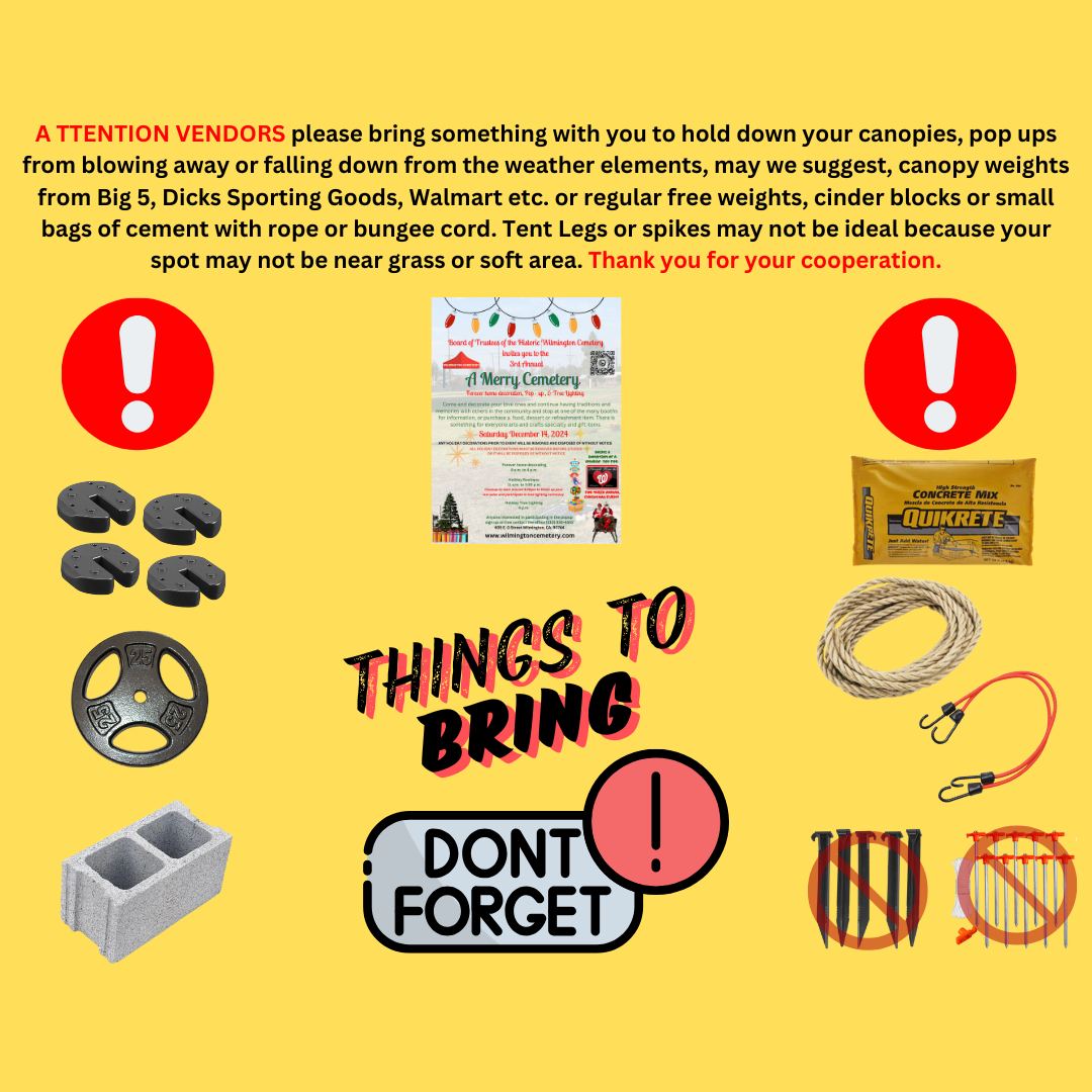 Graphic with text and items suggesting what vendors should bring to secure canopies, like weights and ropes, with a "Don't Forget" reminder.
