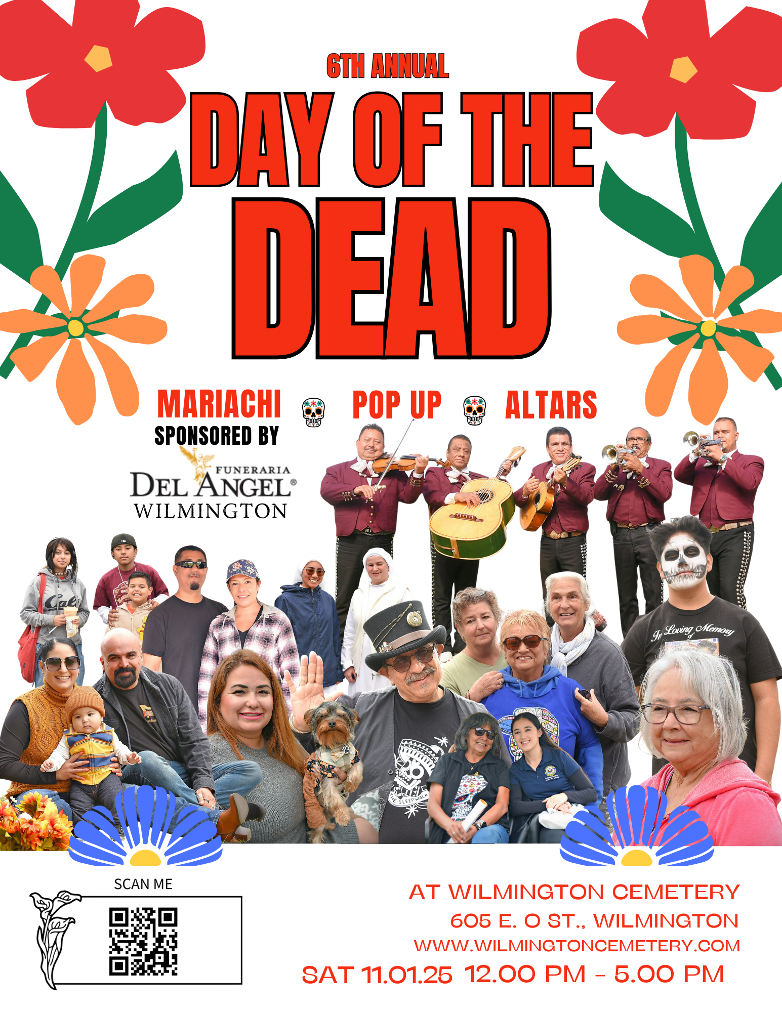 Day of the Dead event poster with mariachi, pop-up altars, sponsored by Funeraria Del Angel. Date: 11.01.25, at Wilmington Cemetery.