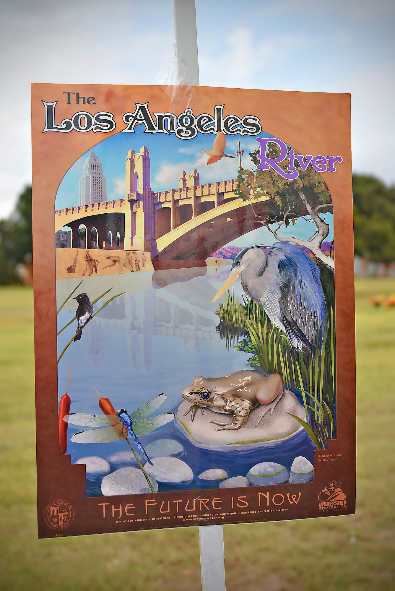 A colorful poster promoting the Los Angeles River, featuring wildlife illustrations with the tagline "The Future Is Now."