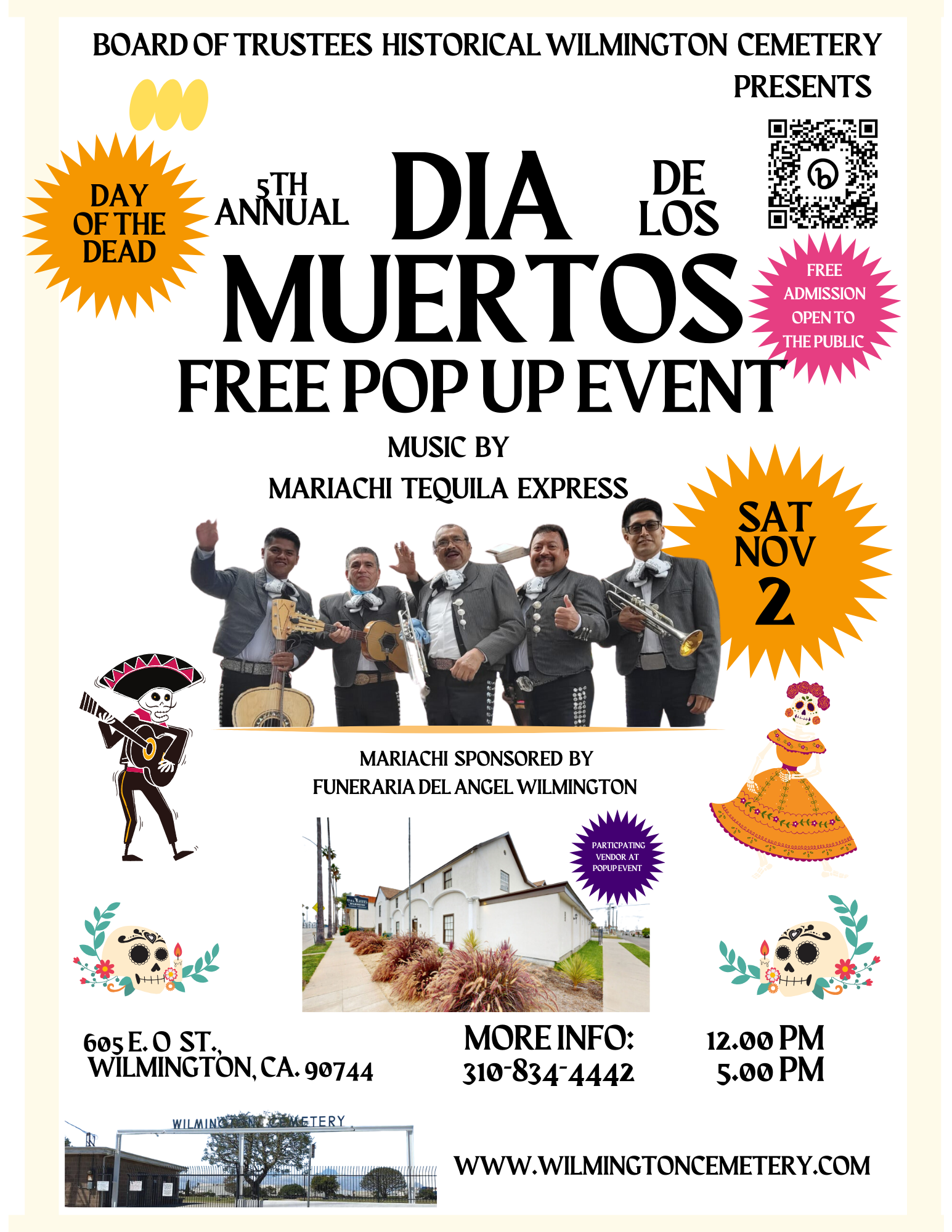 A flyer for the 5th Annual Dia de los Muertos free event with music by Mariachi Tequila Express on Nov 2.