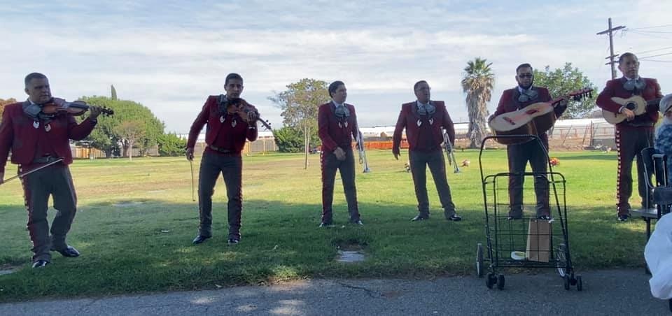 A group of six mariachi musicians performing outdoors in a park, dressed in traditional attire.
