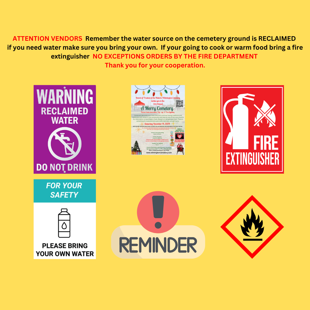 The image contains a collection of warning and information signs about safety and event details.