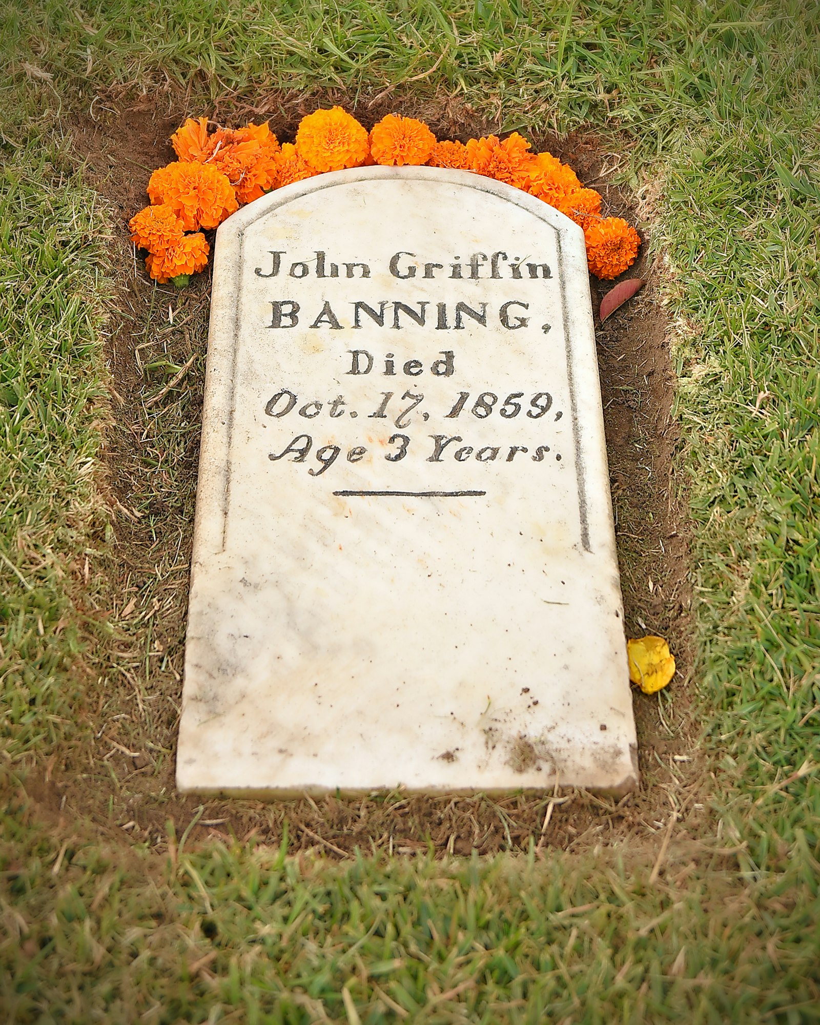 An old gravestone surrounded by grass and marigold flowers, inscribed with the name of John Griffin Banning, died in 1859.
