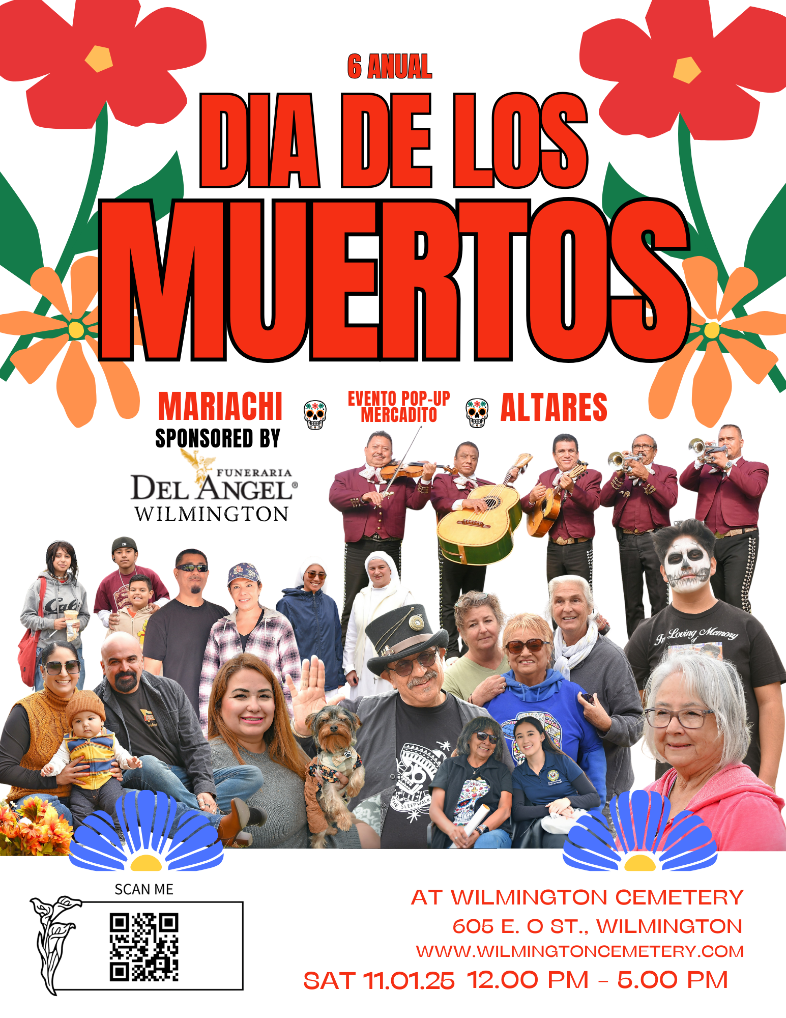 Día de los Muertos event flyer with mariachi, pop-up market, and altars on 11/01/25 at Wilmington Cemetery. Sponsored by Del Angel.