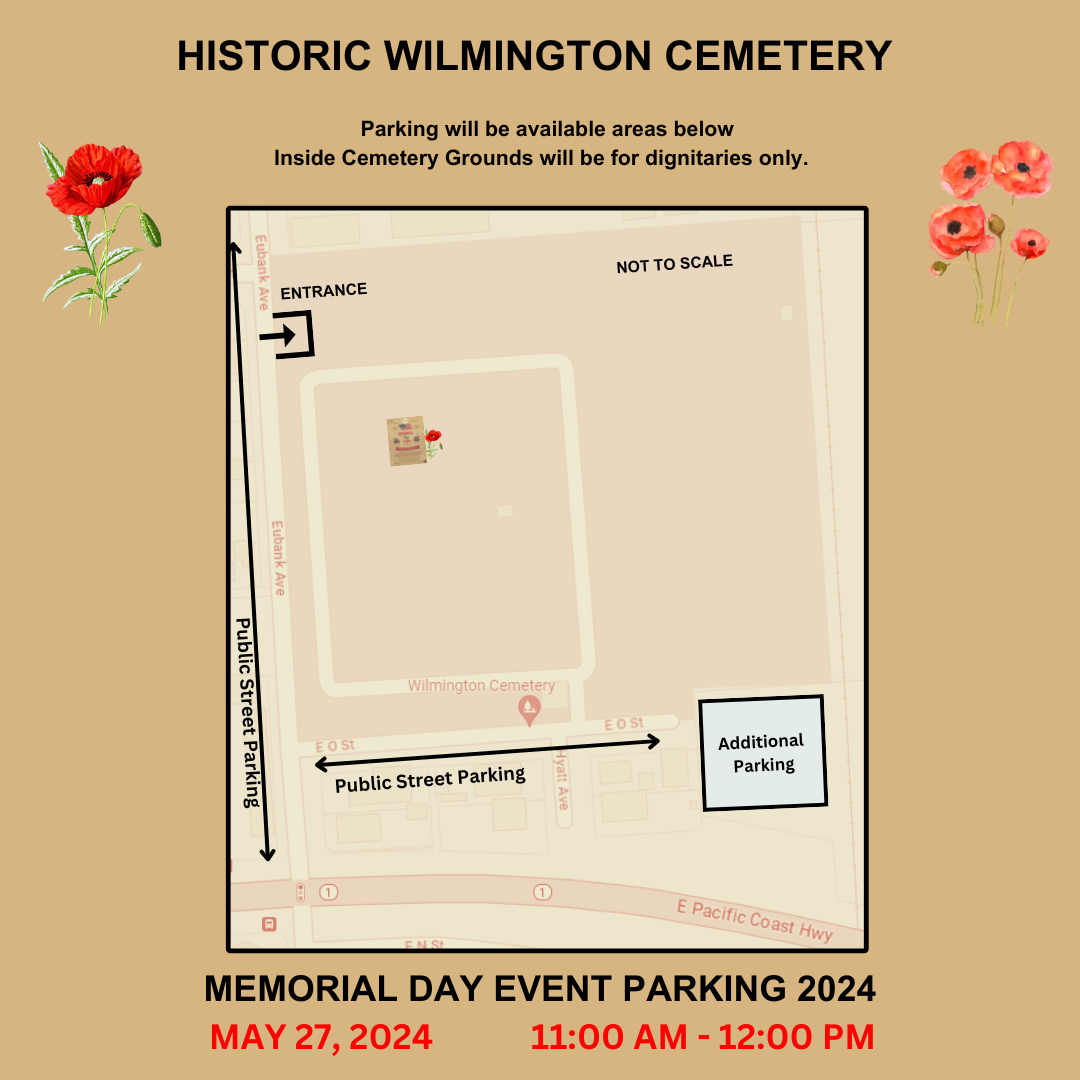 A map for a Memorial Day event at Wilmington Cemetery indicating parking areas, scheduled for May 27, 2024, from 11 AM to 12 PM.