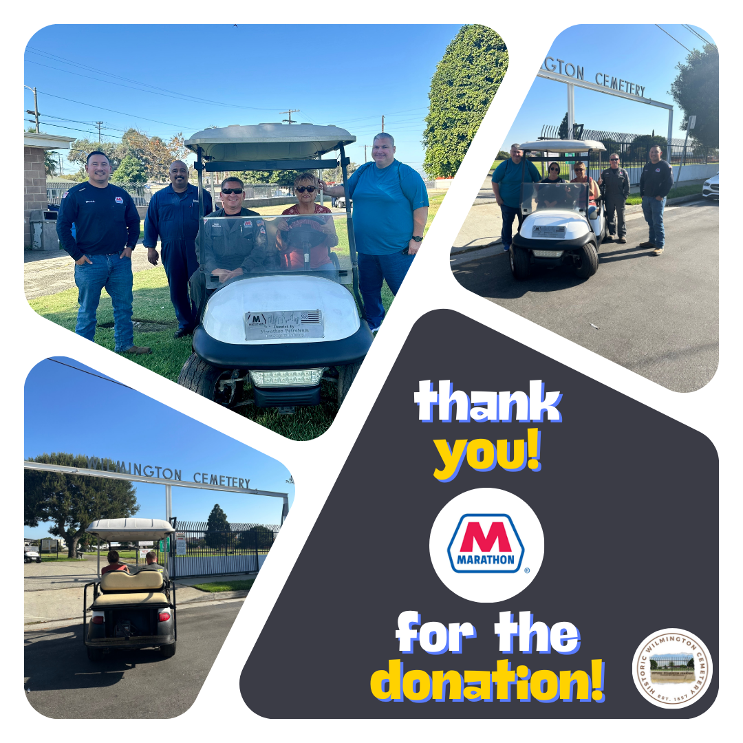 Collage thanking Marathon for a donation, featuring people with a golf cart, and a "Wilmington Cemetery" sign.