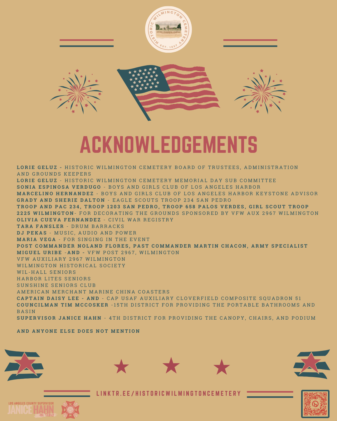 An acknowledgment poster with a list of names and organizations, featuring an American flag and fireworks graphics, for a cemetery event.