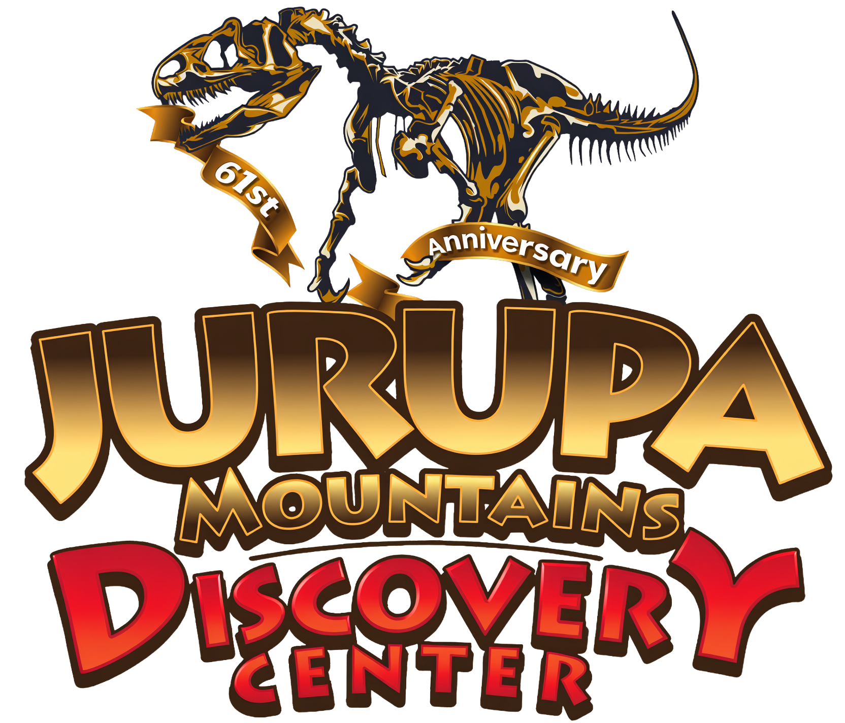 Dinosaur skeleton and "Jurupa Mountains Discovery Center 61st Anniversary" text.